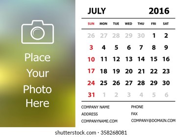 Desk Calendar 2016. Design Template. Week Starts Sunday