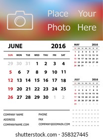 Desk Calendar 2016 Design Template. Week Starts Sunday