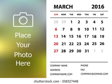 Desk Calendar 2016 Design Template. Week Starts Sunday