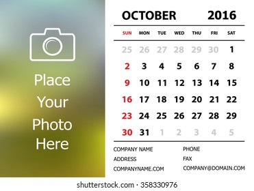 Desk Calendar 2016 Design Template. Week Starts Sunday