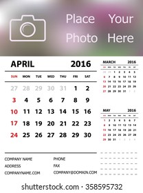 Desk Calendar 2016 Design Template. Week Starts Sunday