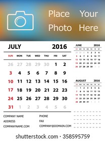 Desk Calendar 2016 Design Template. Week Starts Sunday