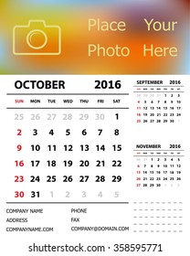 Desk Calendar 2016 Design Template. Week Starts Sunday