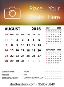 Desk Calendar 2016 Design Template. Week Starts Sunday