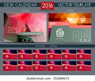 Desk Calendar 2016 Design. Vector Templates all months. Polygonal shape design for technology companies, construction & engineering firms.