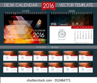 Desk Calendar 2016 Design. Vector Templates all months. Polygonal shape design for technology companies, construction & engineering firms.