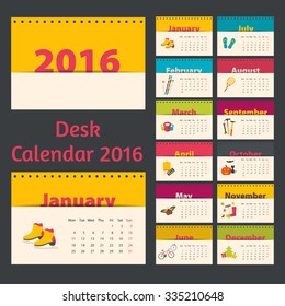 Desk calendar 2016. Flat style with seasonal illustrations.