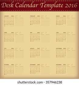 Desk Calendar 2016 Retro Design Template. Set of 12 Months. Week Starts Sunday