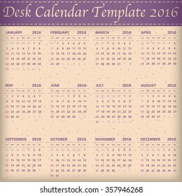 Desk Calendar 2016 Retro Design Template. Set of 12 Months. Week Starts Sunday