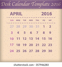 Desk Calendar 2016 Retro Design Template. Week Starts Sunday