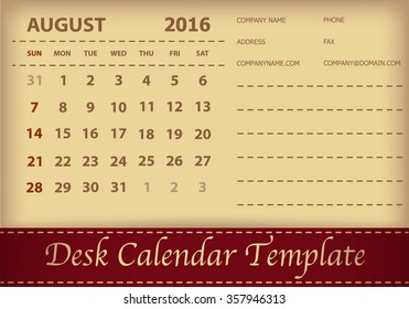 Desk Calendar 2016 Retro Design Template. Week Starts Sunday