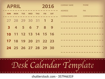 Desk Calendar 2016 Retro Design Template. Week Starts Sunday