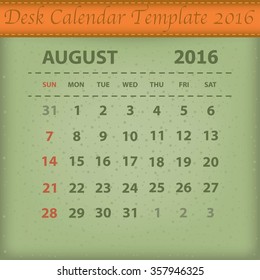 Desk Calendar 2016 Retro Design Template. Week Starts Sunday