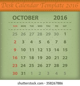 Desk Calendar 2016 Retro Design Template. Week Starts Sunday