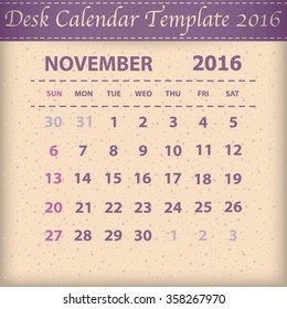 Desk Calendar 2016 Retro Design Template. Week Starts Sunday