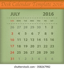 Desk Calendar 2016 Retro Design Template. Week Starts Sunday