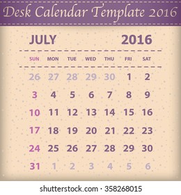 Desk Calendar 2016 Retro Design Template. Week Starts Sunday