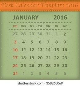 Desk Calendar 2016 Retro Design Template. Week Starts Sunday