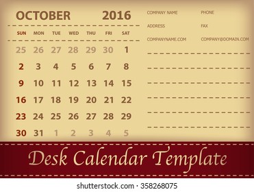 Desk Calendar 2016 Retro Design Template. Week Starts Sunday