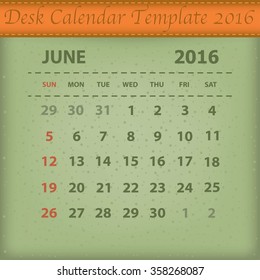 Desk Calendar 2016 Retro Design Template. Week Starts Sunday
