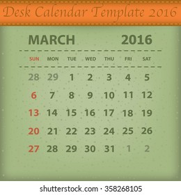 Desk Calendar 2016 Retro Design Template. Week Starts Sunday