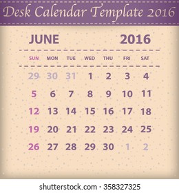 Desk Calendar 2016 Retro Design Template. Week Starts Sunday