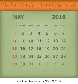 Desk Calendar 2016 Retro Design Template. Week Starts Sunday