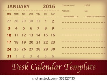 Desk Calendar 2016 Retro Design Template. Week Starts Sunday