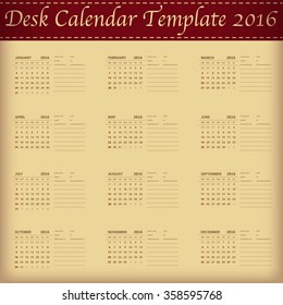 Desk Calendar 2016 Retro Design Template. Set of 12 Months. Week Starts Sunday