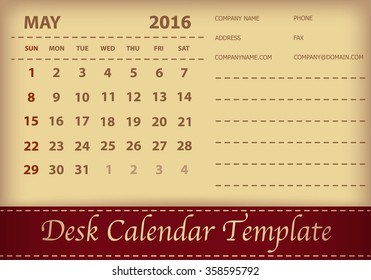Desk Calendar 2016 Retro Design Template. Week Starts Sunday