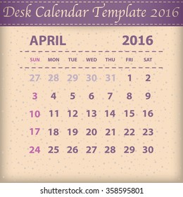 Desk Calendar 2016 Retro Design Template. Week Starts Sunday