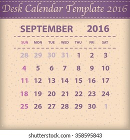 Desk Calendar 2016 Retro Design Template. Week Starts Sunday