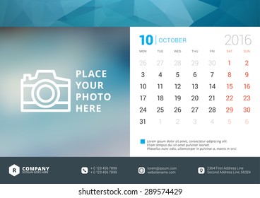 Desk Calendar 2016 Vector Design Template. Week Starts Monday