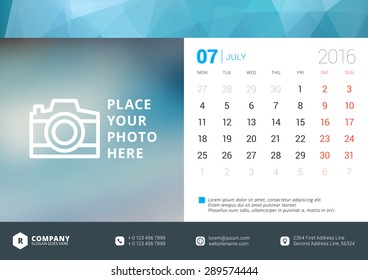 Desk Calendar 2016 Vector Design Template. Week Starts Monday