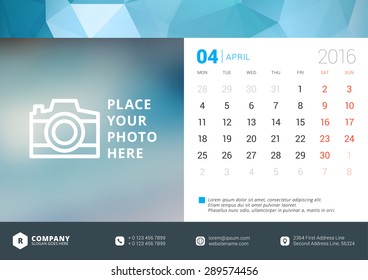 Desk Calendar 2016 Vector Design Template. Week Starts Monday