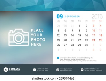 Desk Calendar 2016 Vector Design Template. Week Starts Monday