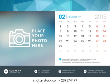 Desk Calendar 2016 Vector Design Template. Week Starts Monday