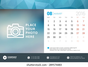 Desk Calendar 2016 Vector Design Template. Week Starts Monday