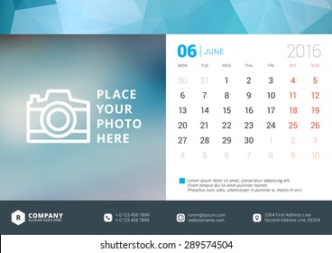 Desk Calendar 2016 Vector Design Template. Week Starts Monday