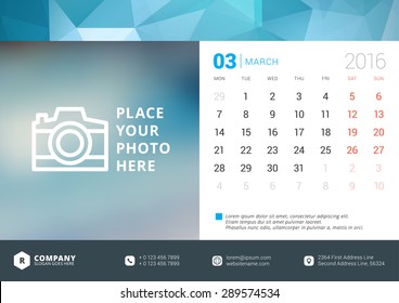 Desk Calendar 2016 Vector Design Template. Week Starts Monday