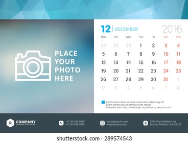 Desk Calendar 2016 Vector Design Template. Week Starts Monday