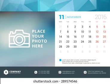 Desk Calendar 2016 Vector Design Template. Week Starts Monday