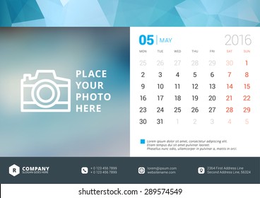 Desk Calendar 2016 Vector Design Template. Week Starts Monday