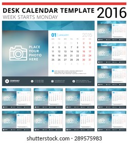 Desk Calendar 2016 Vector Design Template. Set of 12 Months. Week Starts Monday