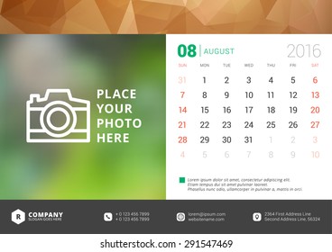 Desk Calendar 2016 Vector Design Template. Week Starts Sunday