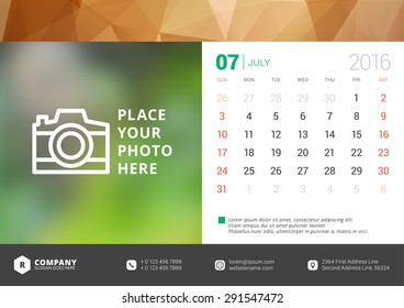 Desk Calendar 2016 Vector Design Template. Week Starts Sunday