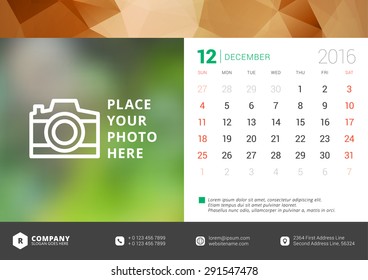 Desk Calendar 2016 Vector Design Template. Week Starts Sunday
