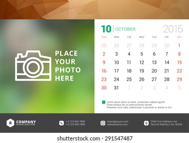 Desk Calendar 2016 Vector Design Template. Week Starts Sunday