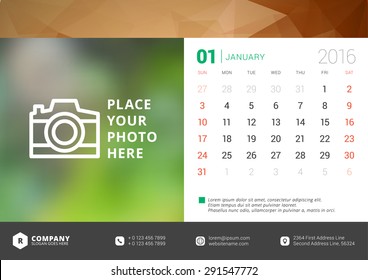 Desk Calendar 2016 Vector Design Template. Week Starts Sunday