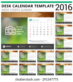 Desk Calendar 2016 Vector Design Template. Set of 12 Months. Week Starts Sunday